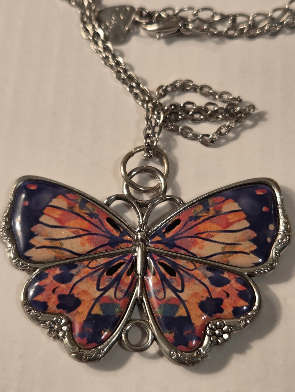 Butterfly Pendant Necklace in Navy and Orange